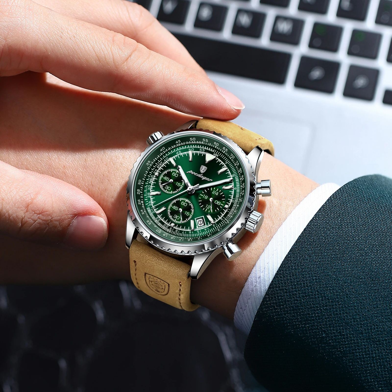 POEDAGAR Luxury Mens Quartz Watch  Waterproof Luminous Chronograph with Date & Leather Strap
