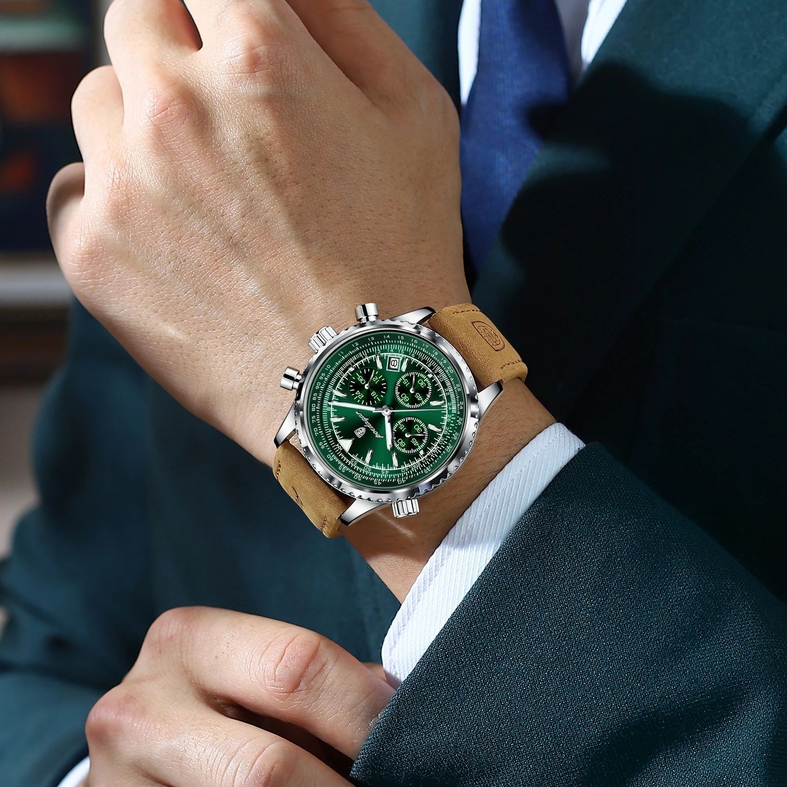 POEDAGAR Luxury Mens Quartz Watch  Waterproof Luminous Chronograph with Date & Leather Strap