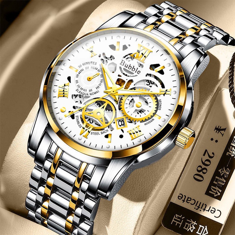UTHAI Men's Luxury Quartz Watch Versatile Waterproof Roman Hollow Dial