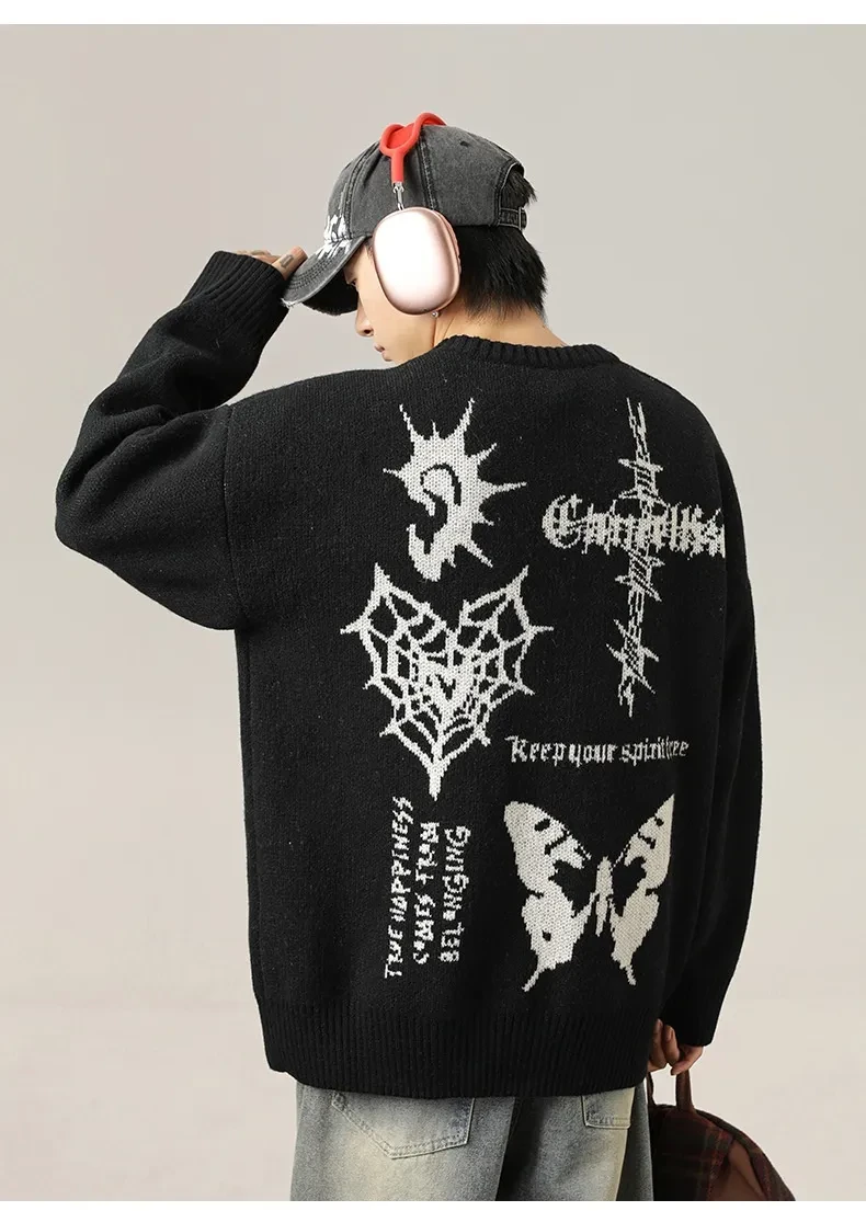 American Retro Hand-painted Jacquard Round Neck Sweater