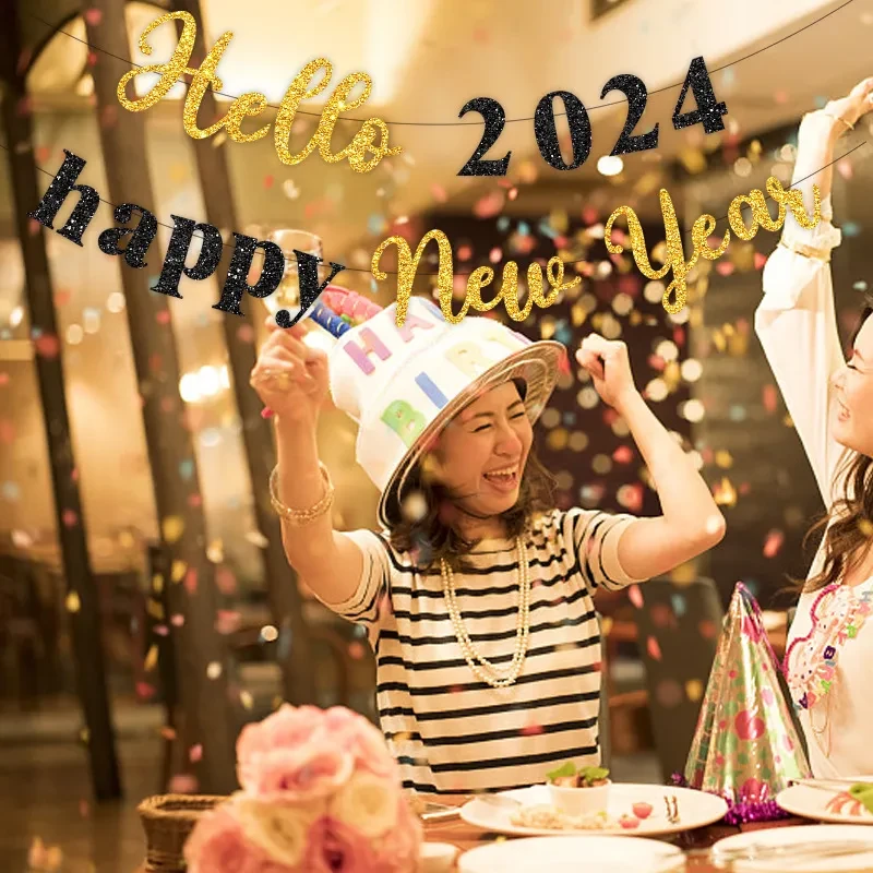 Party Hello Banner Layout Glitter Happy New Year Letter Hanging Flag