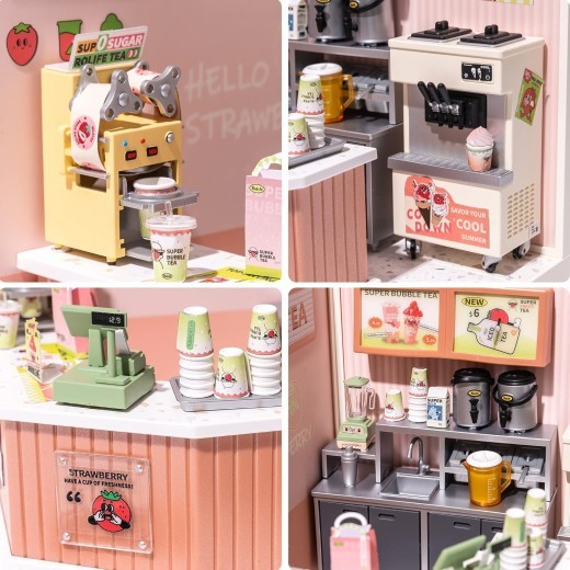 ROBOTIME DIY Miniature Dollhouse Kits Super Creator Double Joy Bubble Tea DW006