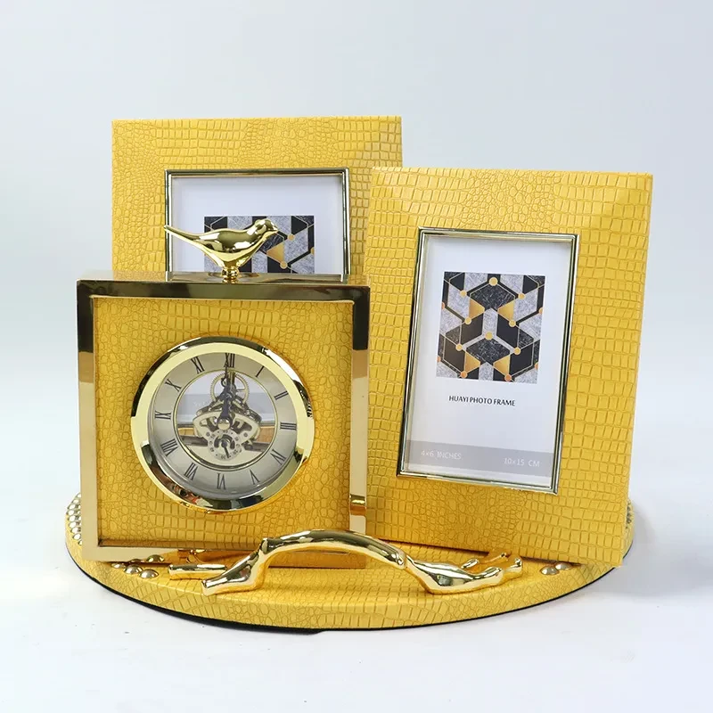 New Chinese Style Leather Tray Combination Photo Frame Clock Desktop