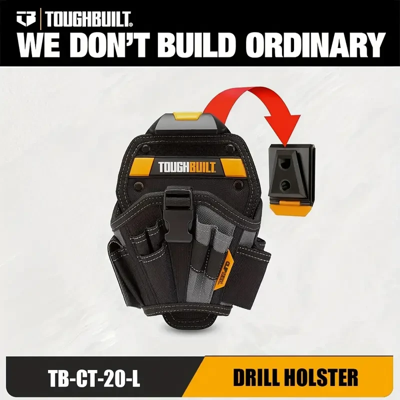 pc TOUGHBUILT Heavy-Duty Polyester Drill Holster Pouch with Cliptech, Non-Electric Power Tool Belt Accessory, Black