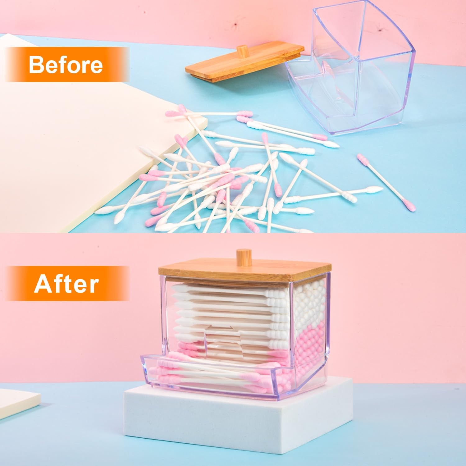 Cotton Swab Holder Clear Plastic Dispenser with Bamboo Lid