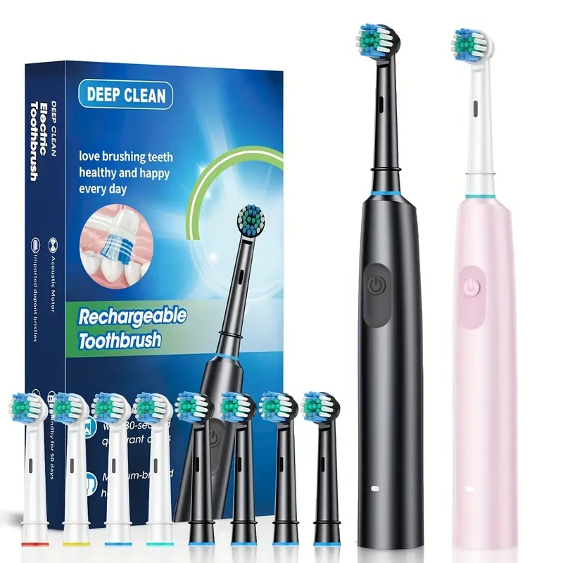 Rechargeable Electric Toothbrush with 4 Replaceable Heads, 5 Modes, Round Head, 360 Rotation
