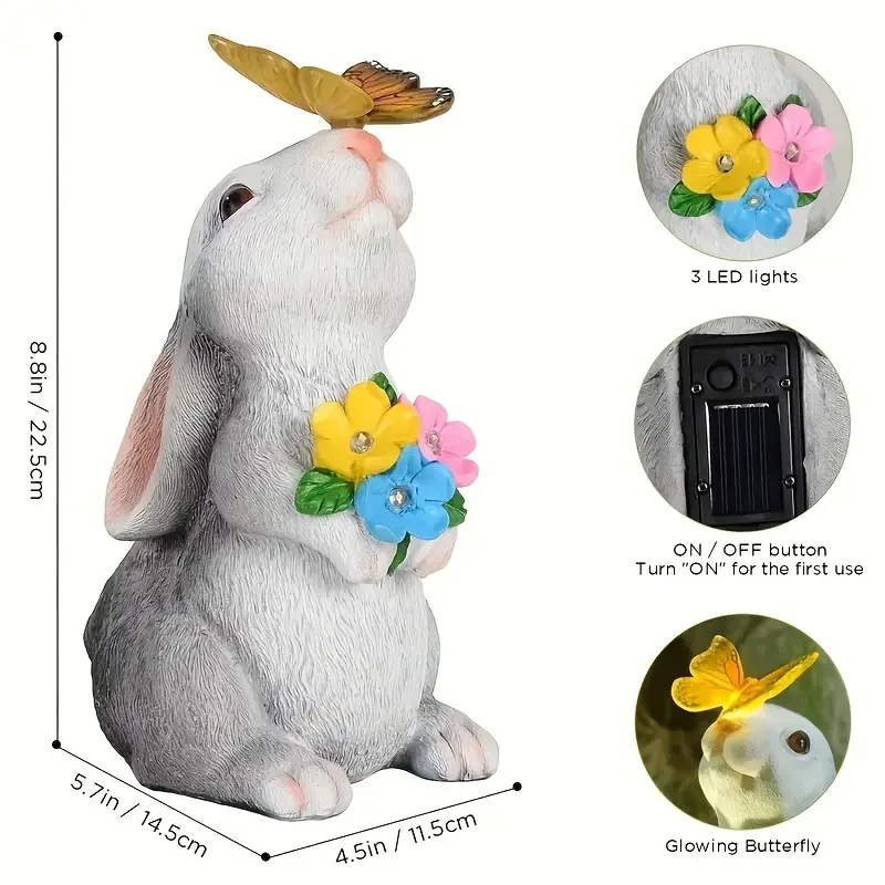 Resin Rabbit Statue with Solar-Powered Butterfly