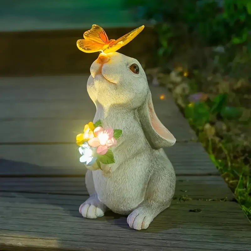 Resin Rabbit Statue with Solar-Powered Butterfly