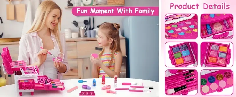 Flybeauty Kids Makeup Kit for Girls, 54pcs Washable Play Makeup Set with Plant-Based Squalane, Mixed Color System, Includes Brushes, Non-Toxic, Water Soluble Cosmetic Case for Ages 3-12, Ideal Christmas Gift