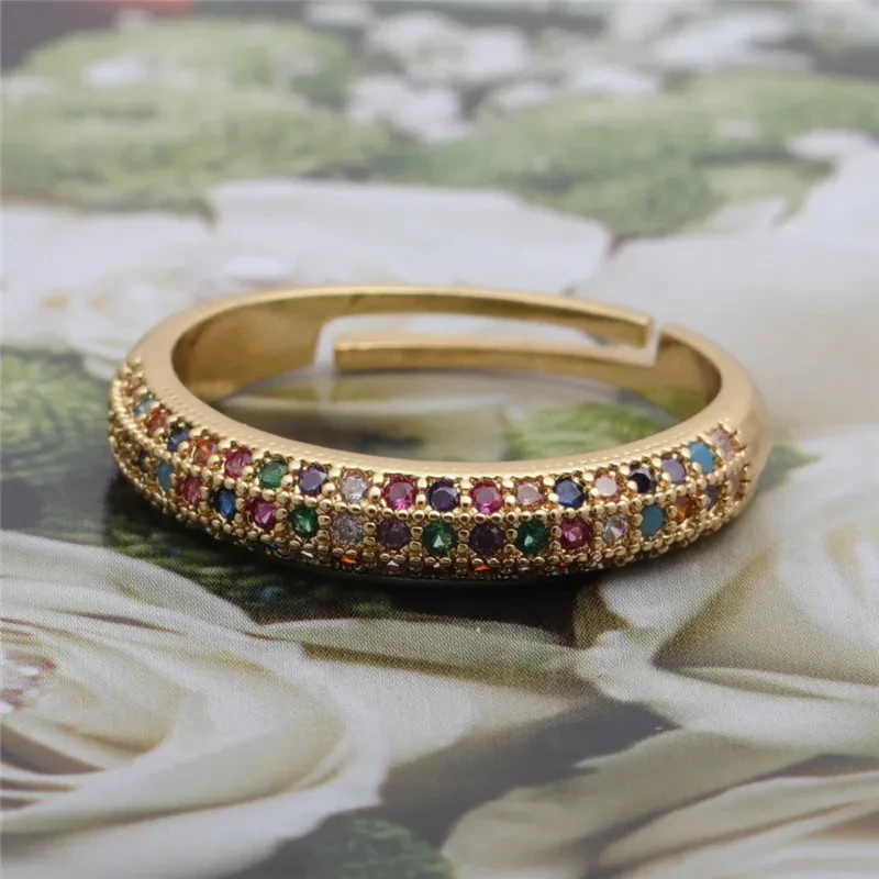 Colorful Zircon Jewelry Micro Setting Gold Adjustable Ring Women