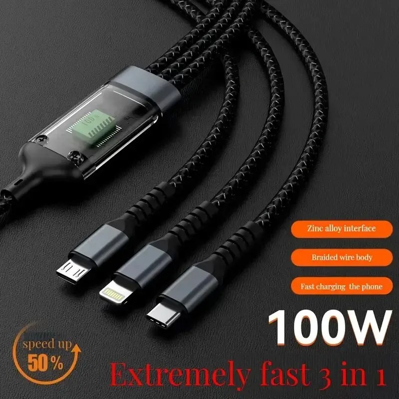 3-in-1 100W Transparent Fast Charging Cable - Type-C, USB, Micro USB