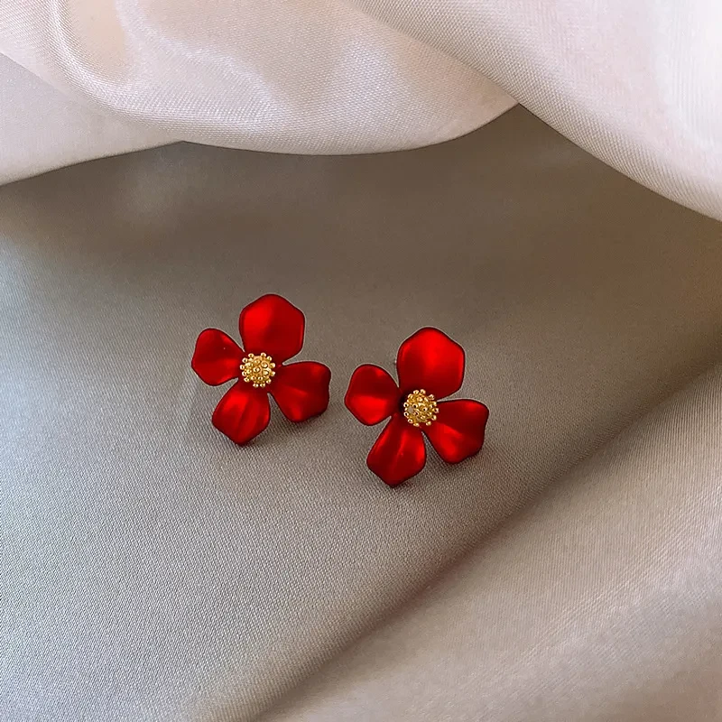 Silver Needle Korean Red Petal Earrings