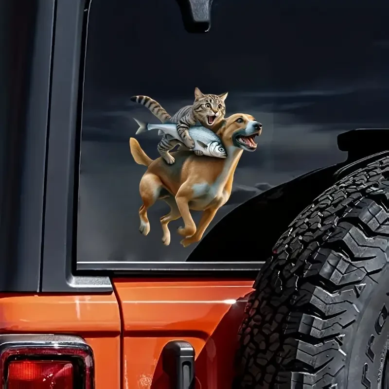 Funny Cat Riding Dog High-Quality Vinyl Decal, Self-Adhesive Waterproof