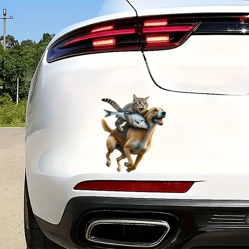 Funny Cat Riding Dog High-Quality Vinyl Decal, Self-Adhesive Waterproof