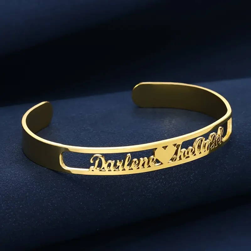 DIY Customized Double Name Open Bangle Cuff Bracelet Valentine's Day Gift