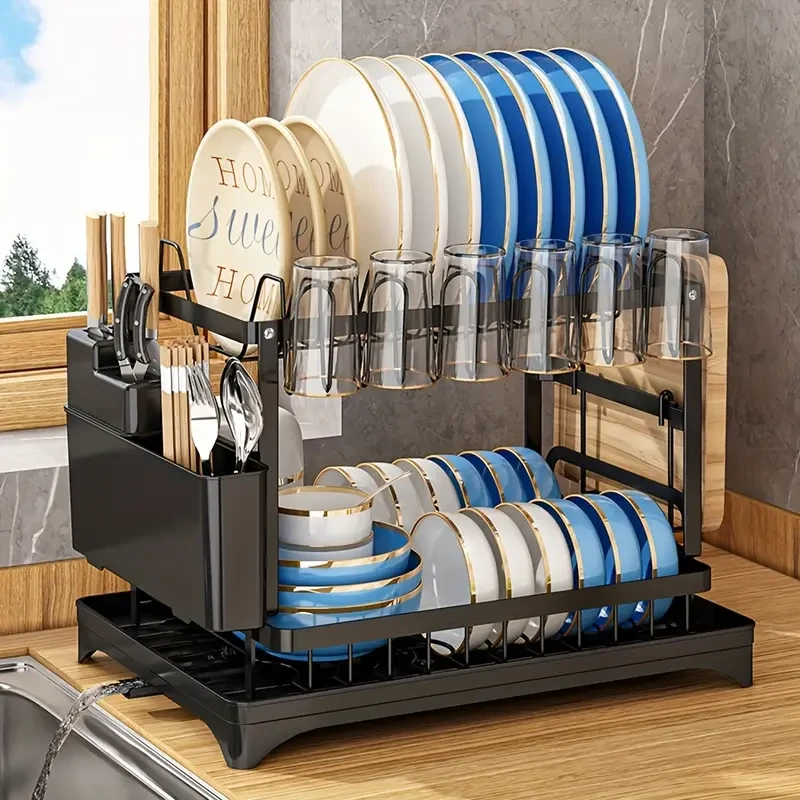 Detachable Larger Capacity 2-Tier Dish Drying Rack Drainboard Set