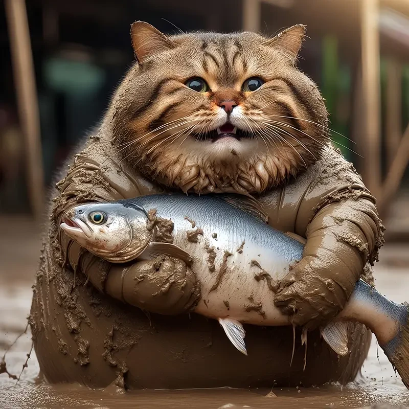 Funny Large Cat Catching Fish Art Poster