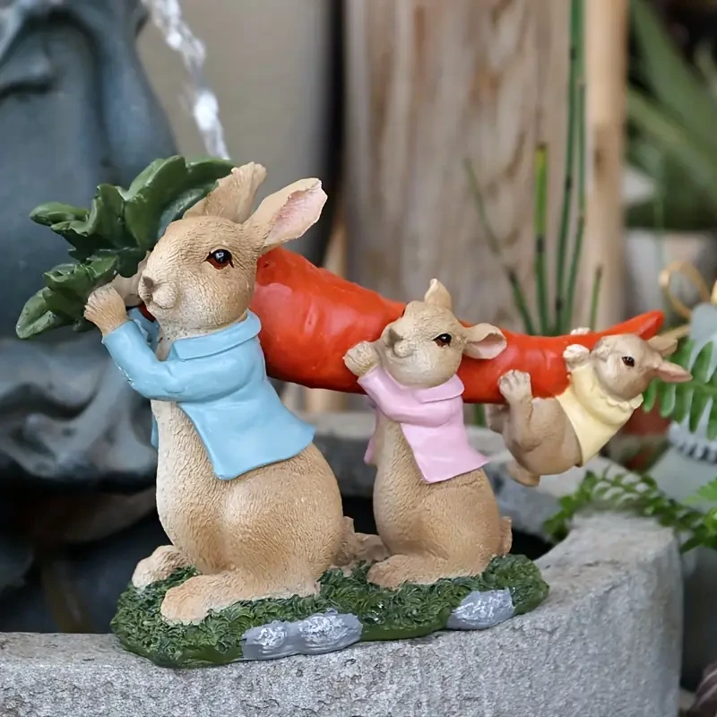 Charming Rabbit Family with Carrot - Resin Garden Statue