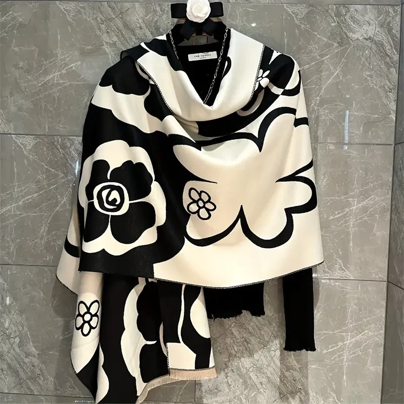 Elegant Black & Beige Imitation Cashmere Scarf