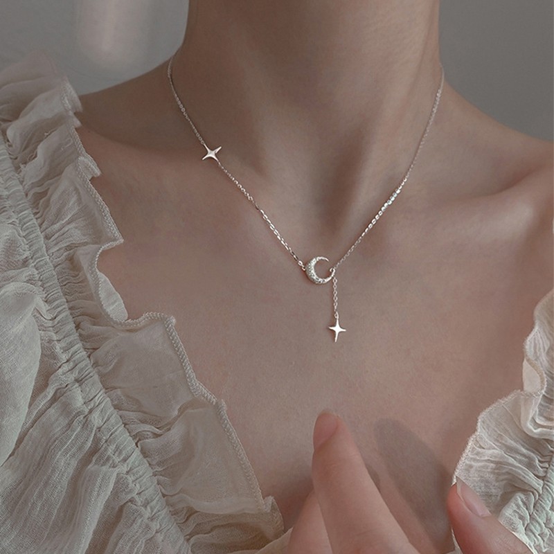 New 925 Sterling Silver Moon Star Shape Necklace