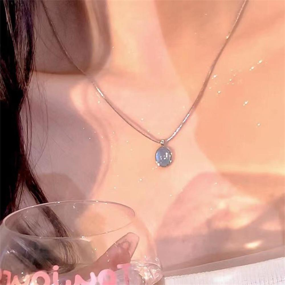 Silver Color Oval Aquamarine Pendant Necklace