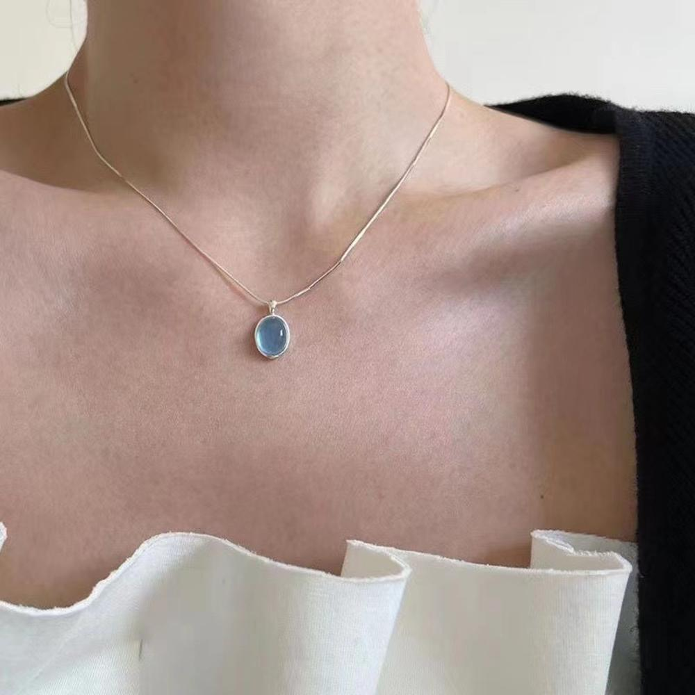 Silver Color Oval Aquamarine Pendant Necklace