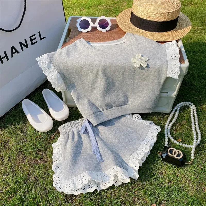 Girls' Cotton Summer Short Sleeve Shorts Suit