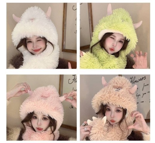 Hat And Scarf Integrated Cartoon Versatile Plush Ear Protection