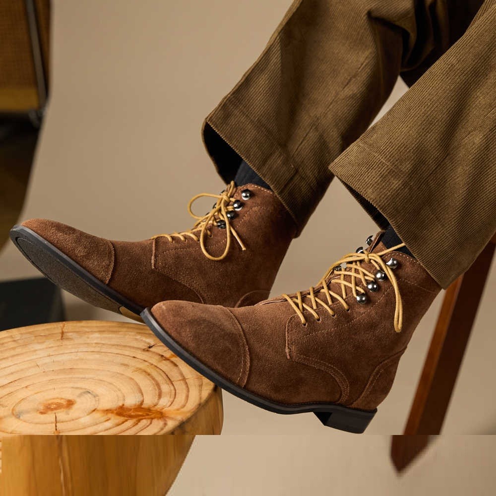 Handmade High-top Retro Men's Suede Genuine Leather Elevator Shoes
