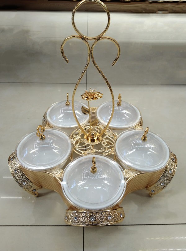 Tray Gold Fruit Box Snacks Metal 5 Compartment Style With Cover