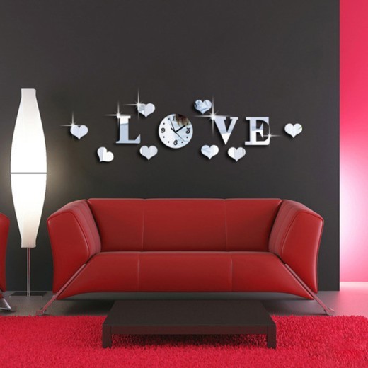 Creative Diy Letter Heart-shaped Mirror Clock Home Decoration