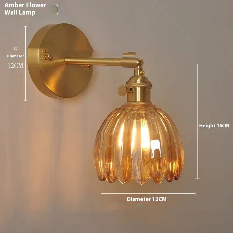 Copper Glass Amber Little Flower Single-head Bedroom Simple Chandelier