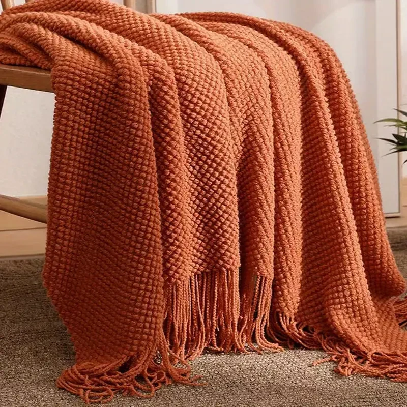 Morandi Orange Tassel Knitted Blanket