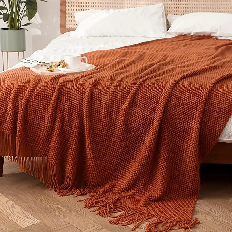 Morandi Orange Tassel Knitted Blanket