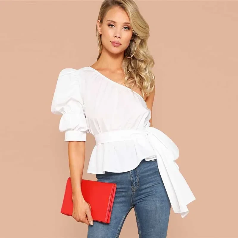 Lace-up mid-sleeve lantern sleeves right off-the-shoulder diagonal collar slim top