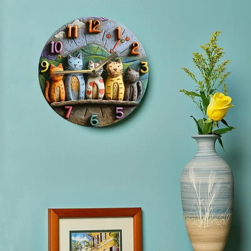 Decorative 2D 8 Inch Whimsical Adorable Cats Quartz Wall Clock -  Perfect Gift for Cat Lovers