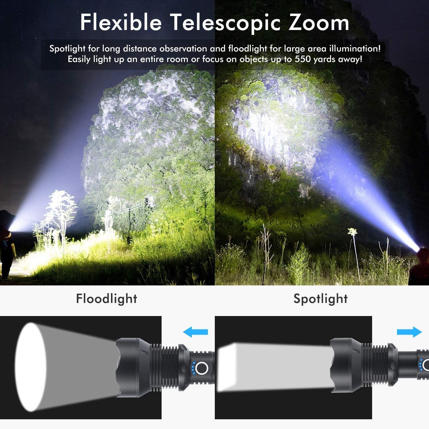 LED Torch Rechargeable High Lumens Flashlight with two 26650 Batteries