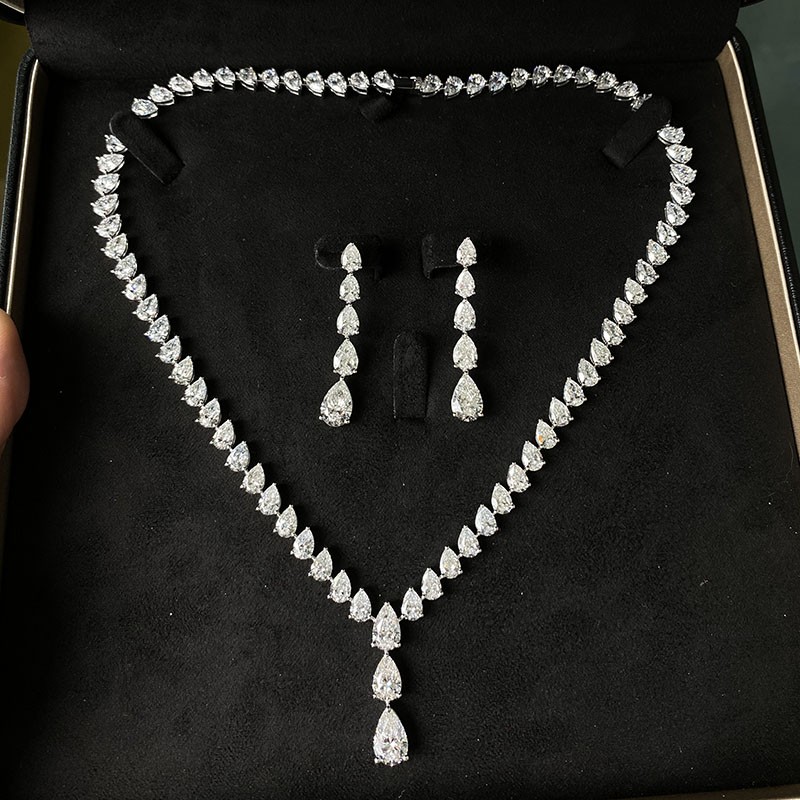 Solid 14K White Gold Pear Cut Full Eternity Necklace (43ctw) & Earrings (9.2ctw)