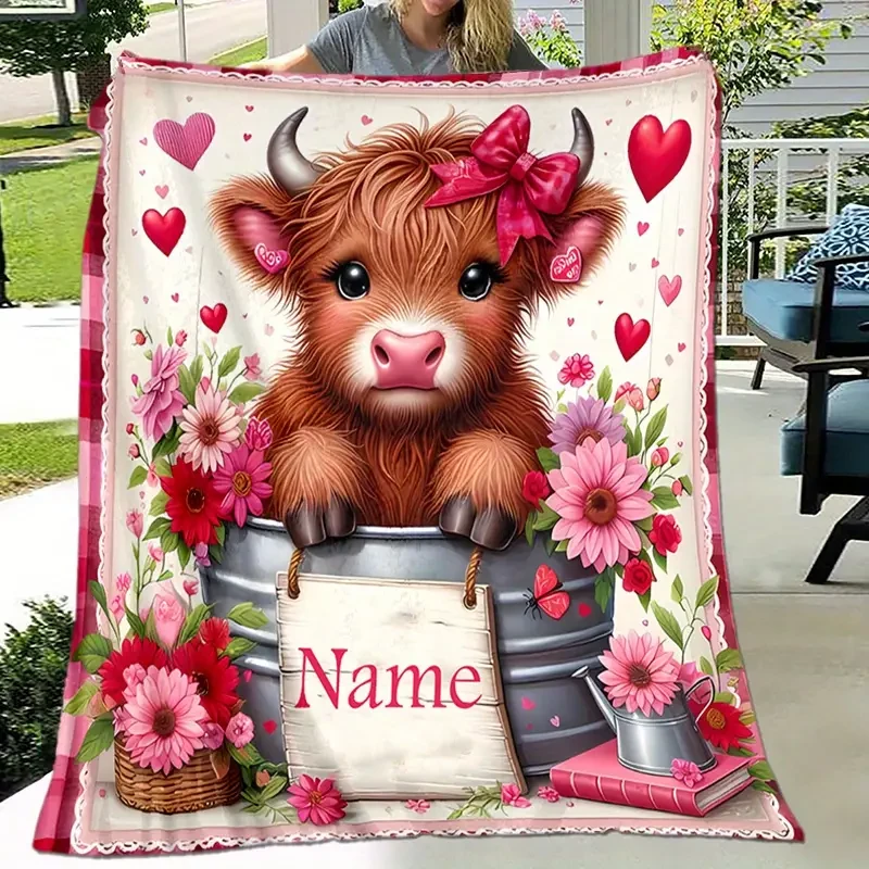 Custom Name Blanket - Cute Cow Flower Design