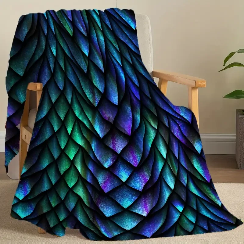 Tri-Color Dragon Scale Print Flannel Throw Blanket -