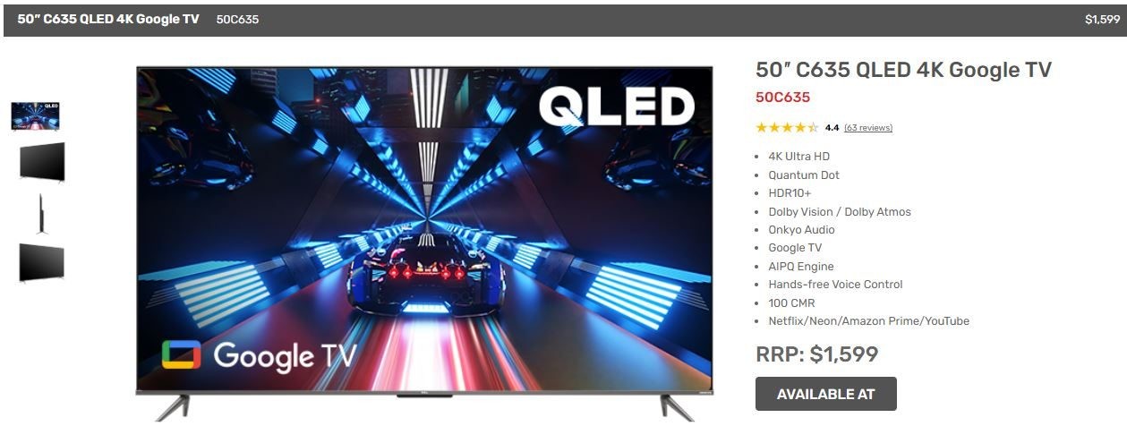 TCL 50 inch QLED 4K Google - Smart TV - 50C635