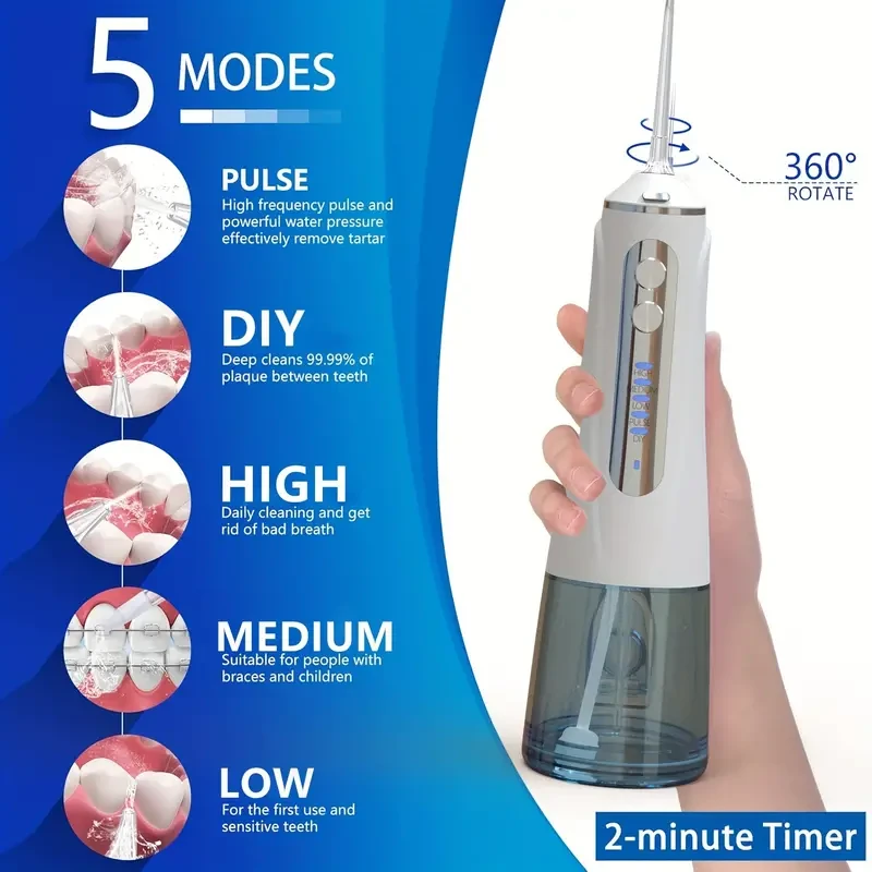 Rechargeable Water Flosser, 8 Jet Tips, 360 Rotation, 300ml Capacity,