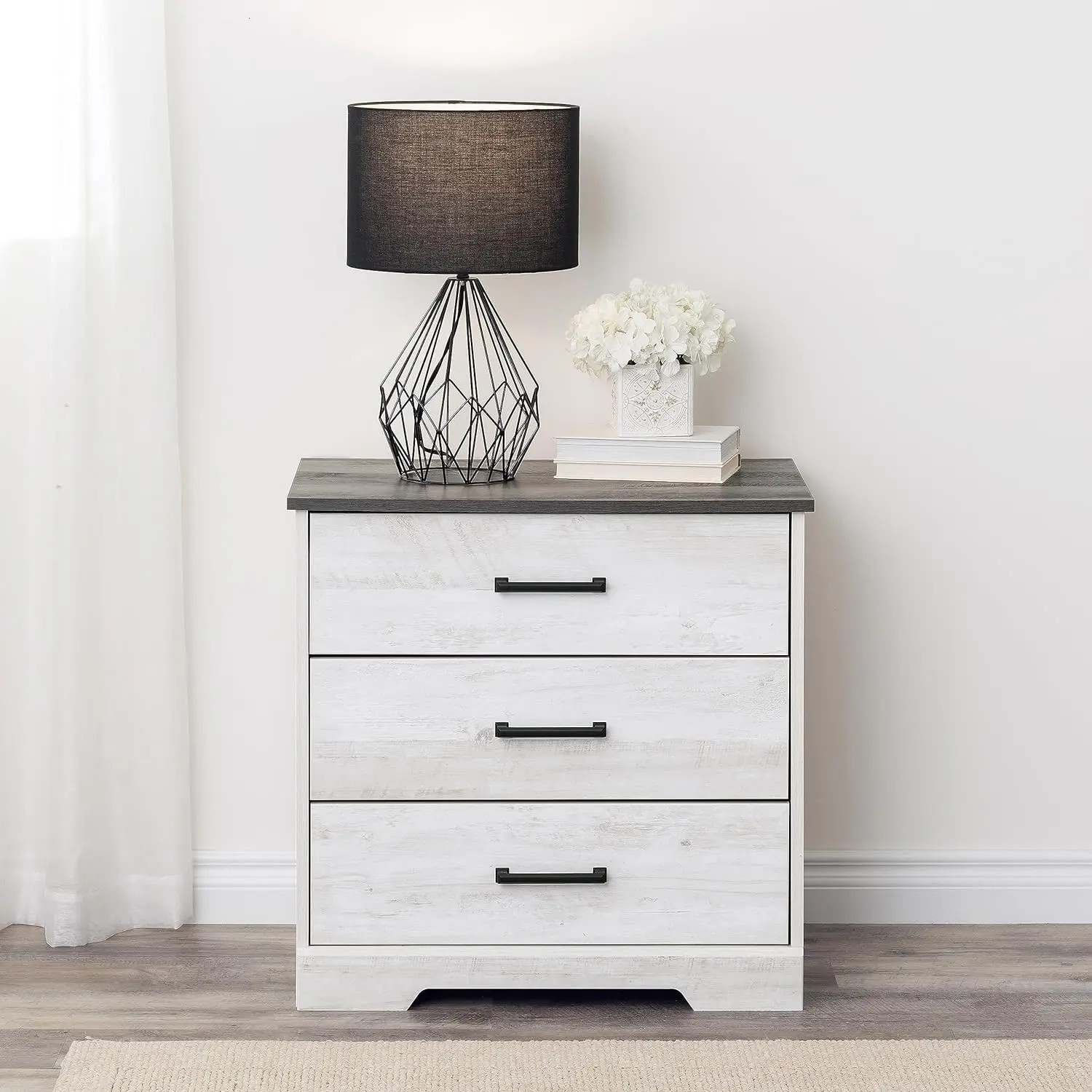 Prepac Rustic Ridge Farmhouse 3-Drawer Nightstand, Washed White, ADNR-1603-1