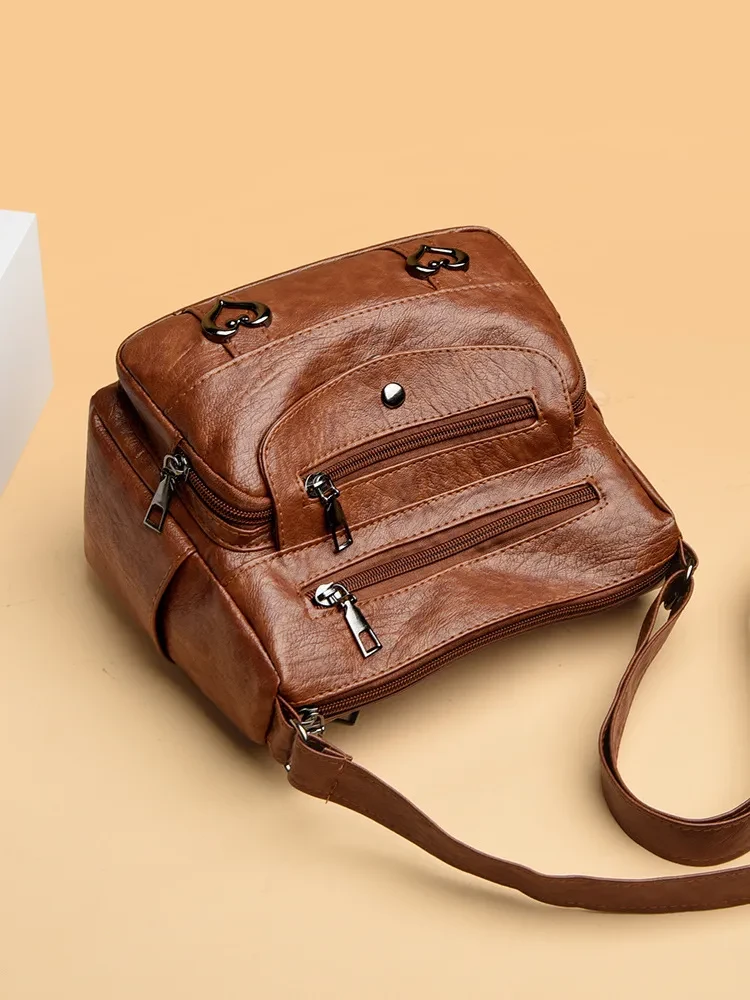 Crossbody Bag Soft Leather Textured Retro Large Capacity Middle-aged