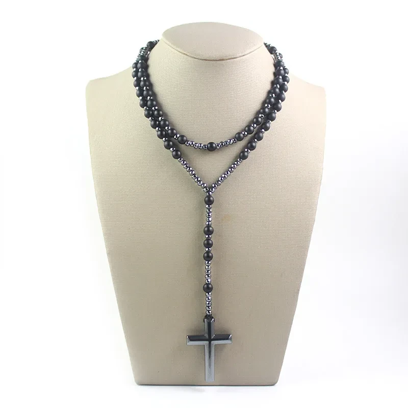 Cross Pendant Black Glitter Matte Agate