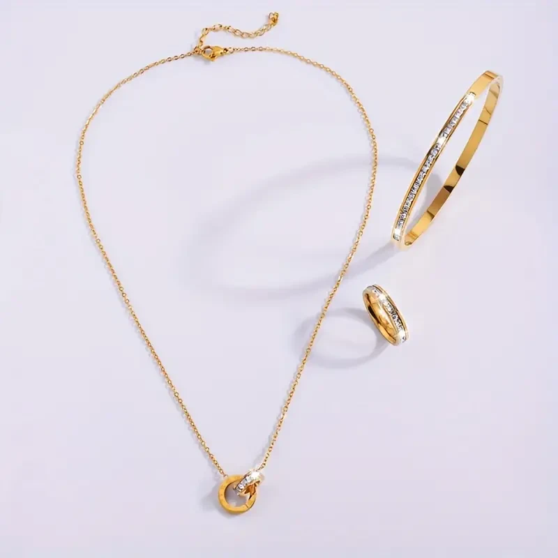 Stainless Steel Single Row Rhinestone Necklace Bracelet Ring Set