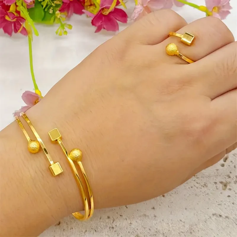 Elegant Gold-Plated Brass Open Cuff Bangle & Ring