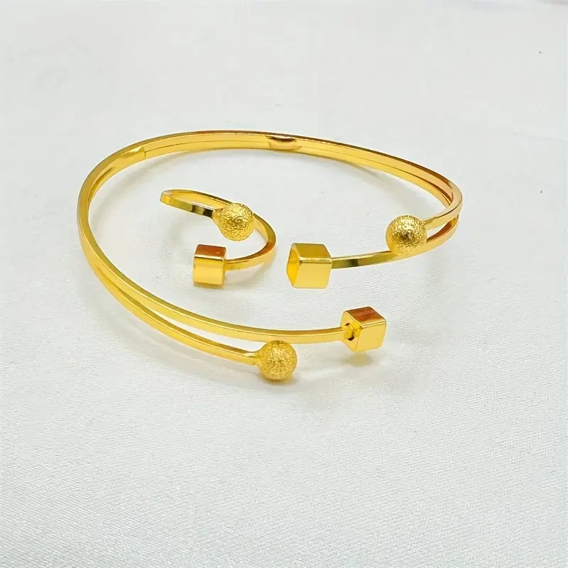 Elegant Gold-Plated Brass Open Cuff Bangle & Ring