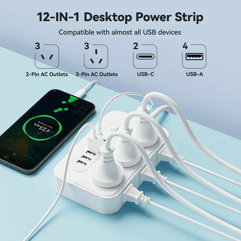 1pc 12-in-1 Australian Plug Power Strip with 6 AC Outlets