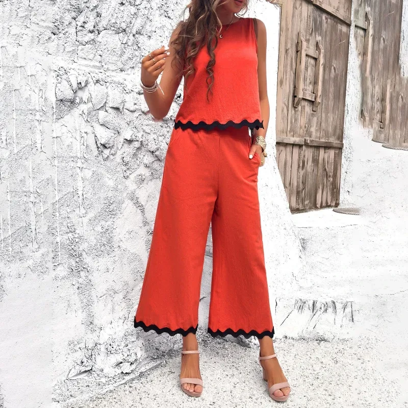 Summer Wave Print Sleeveless Top and Trousers Set